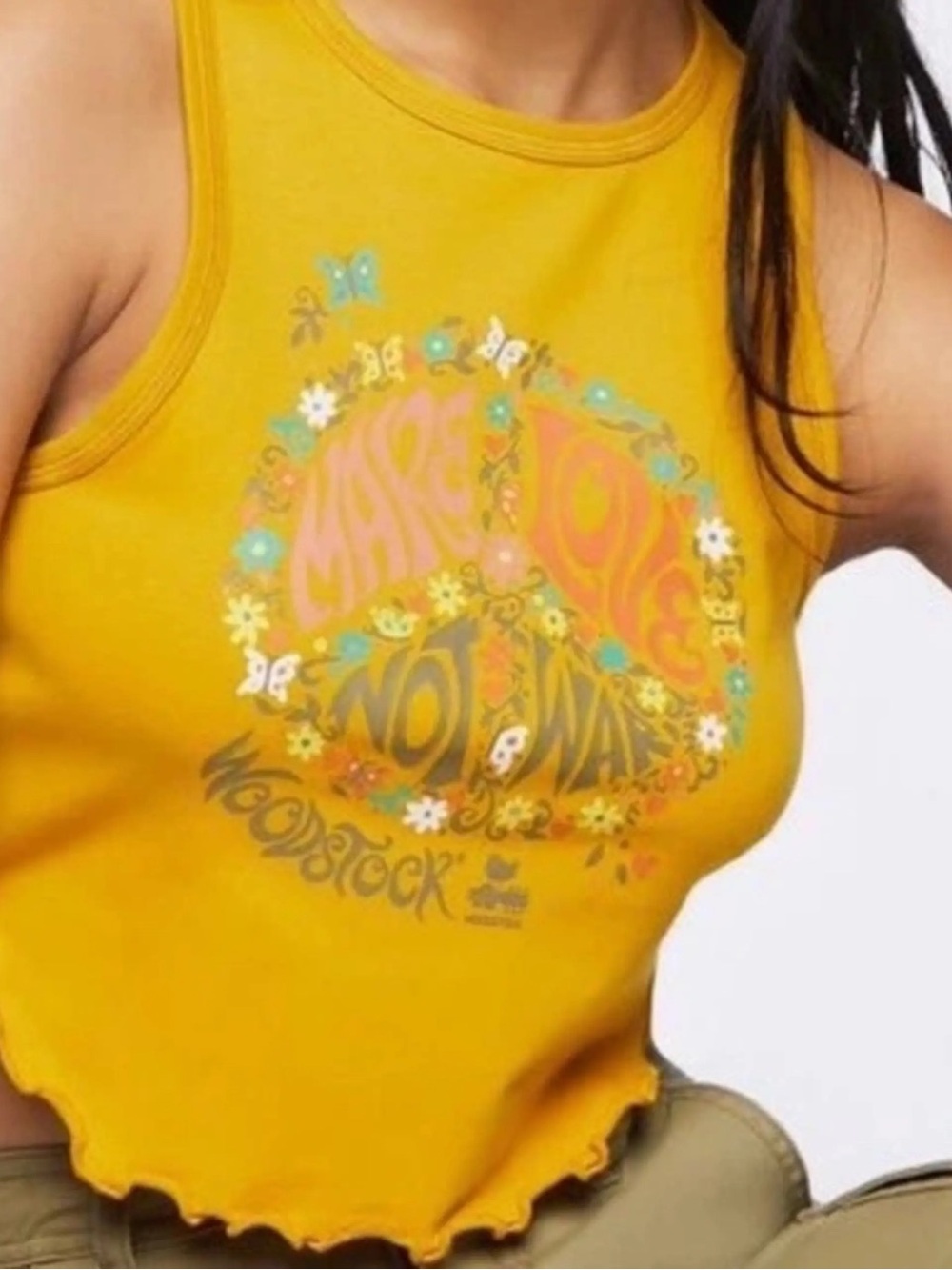 Mustard Yellow Graphic Crop Tank Top - Woodstock-Inspired